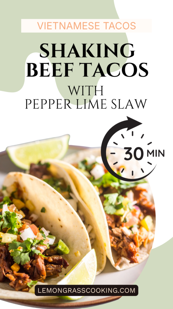 Shaking beef tacos with pepper lime slaw